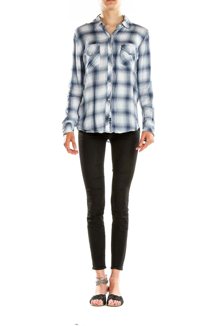 Front view of Rails blue and white plaid button-up shirt