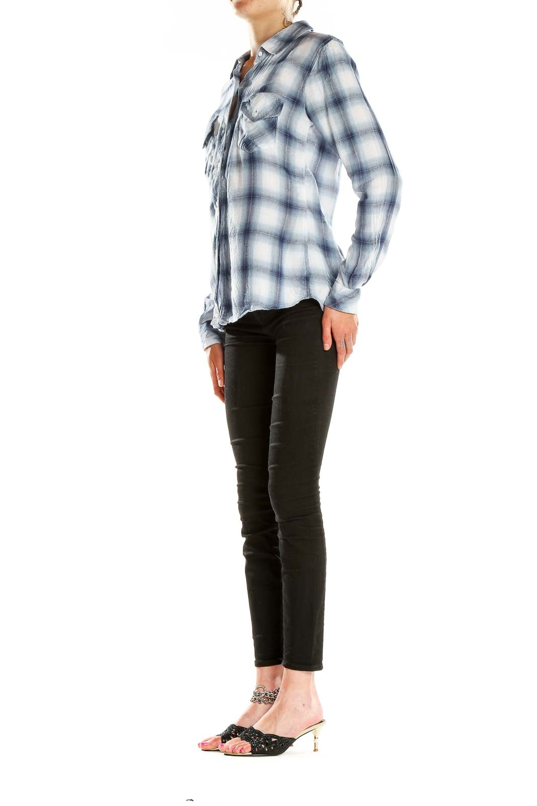 Front view of Rails blue and white plaid button-up shirt