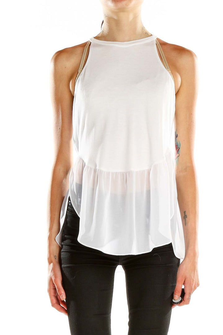 Front view of BCBGeneration white peplum tank top with high neck