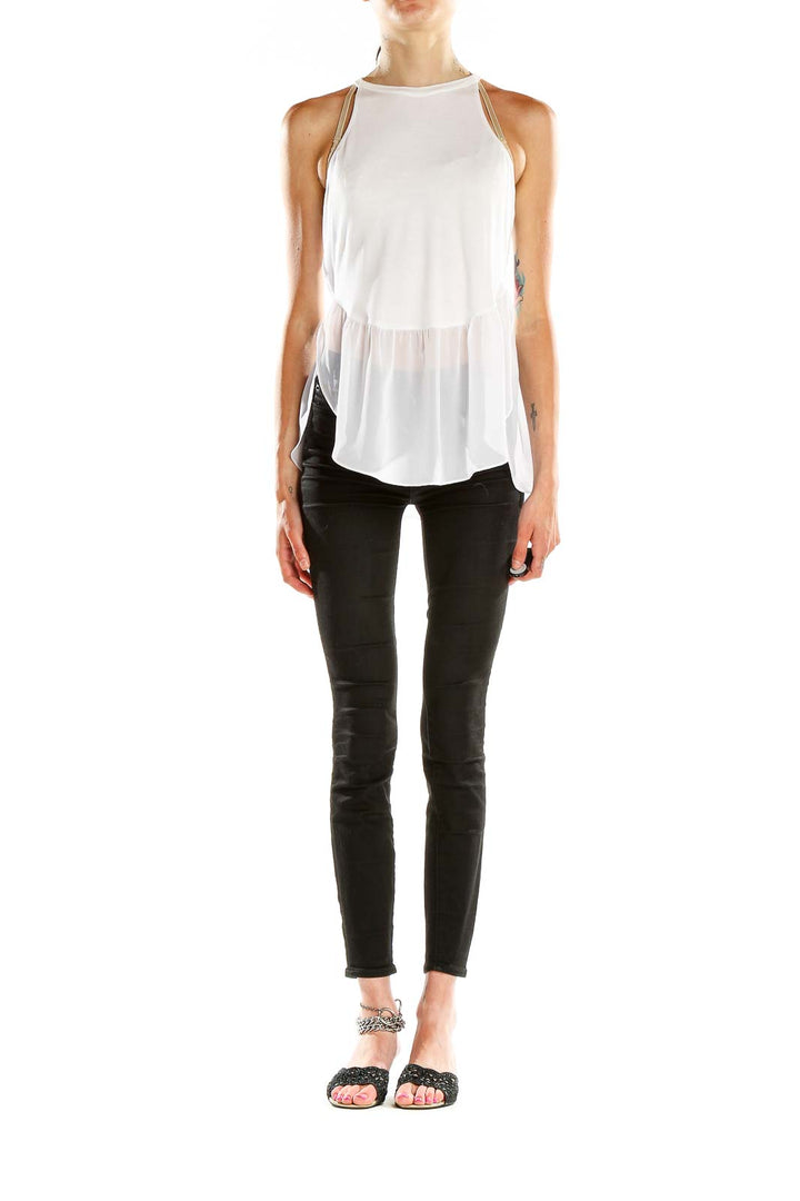 Front view of BCBGeneration white peplum tank top with high neck
