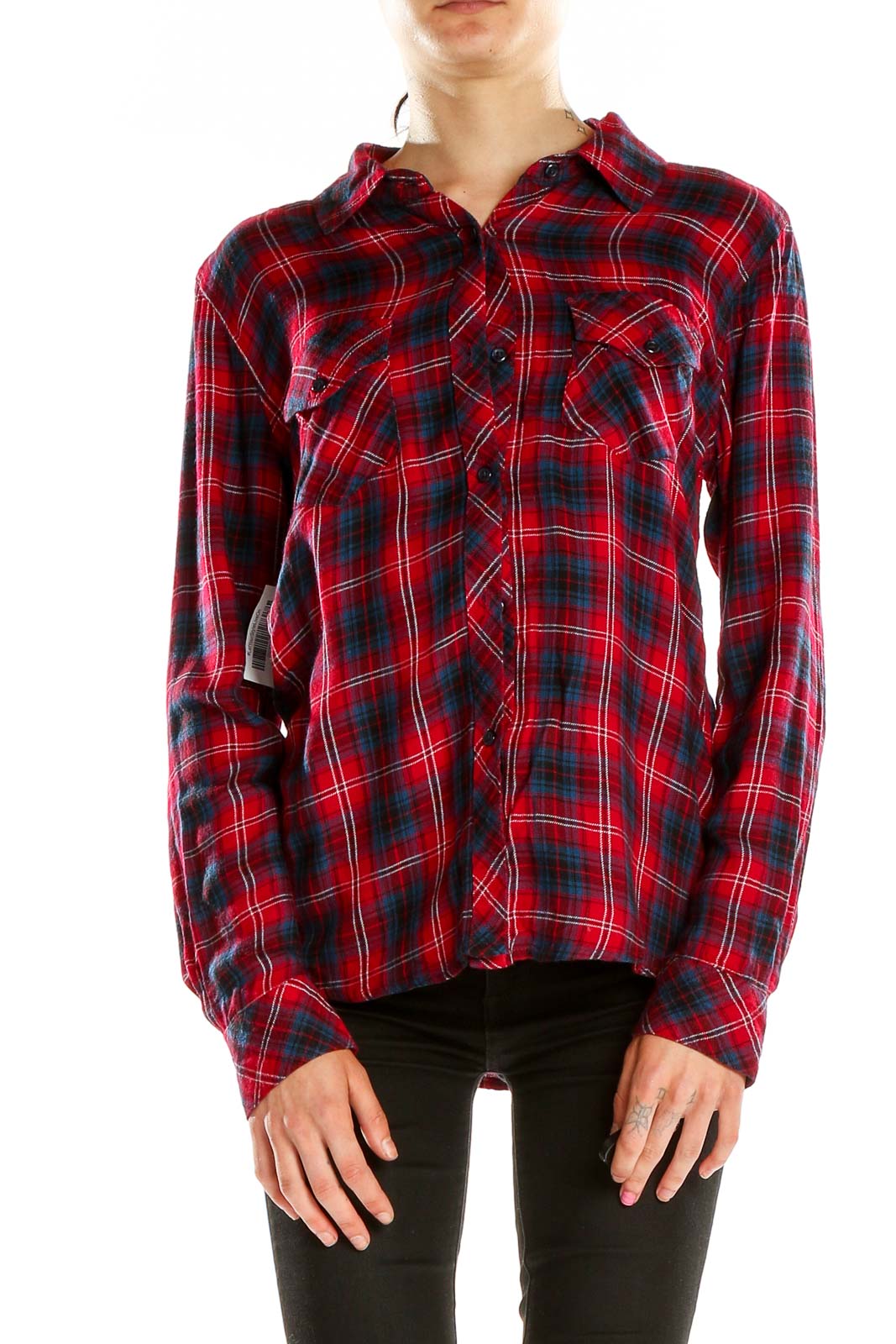 Front view of Rails red plaid flannel button-up shirt