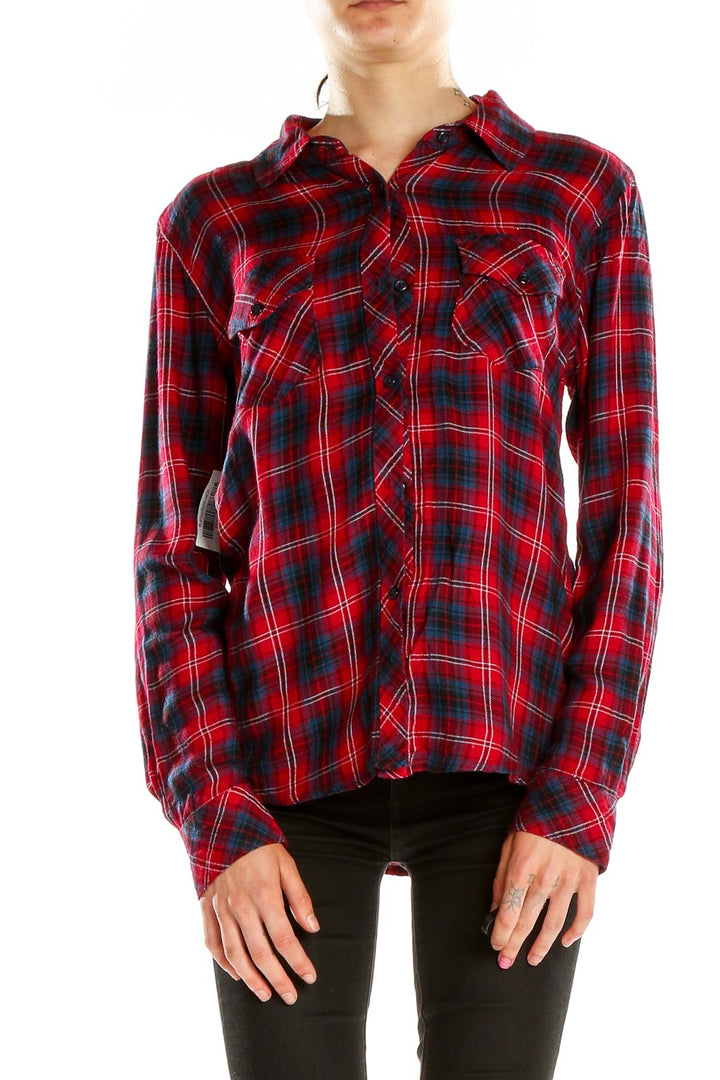 Front view of Rails red plaid flannel button-up shirt