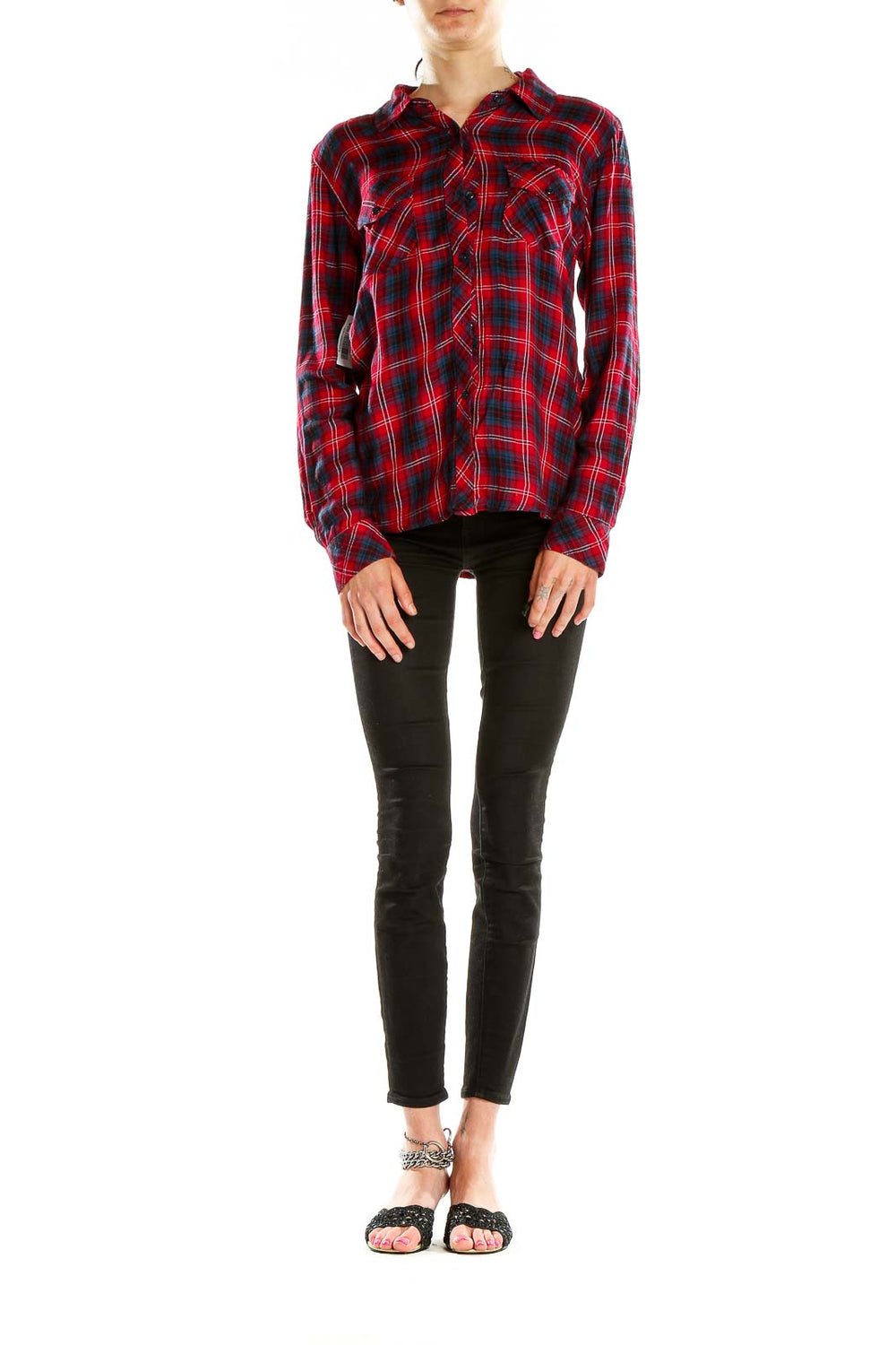 Front view of Rails red plaid flannel button-up shirt