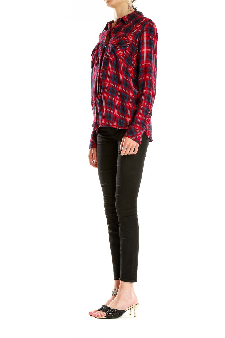 Front view of Rails red plaid flannel button-up shirt