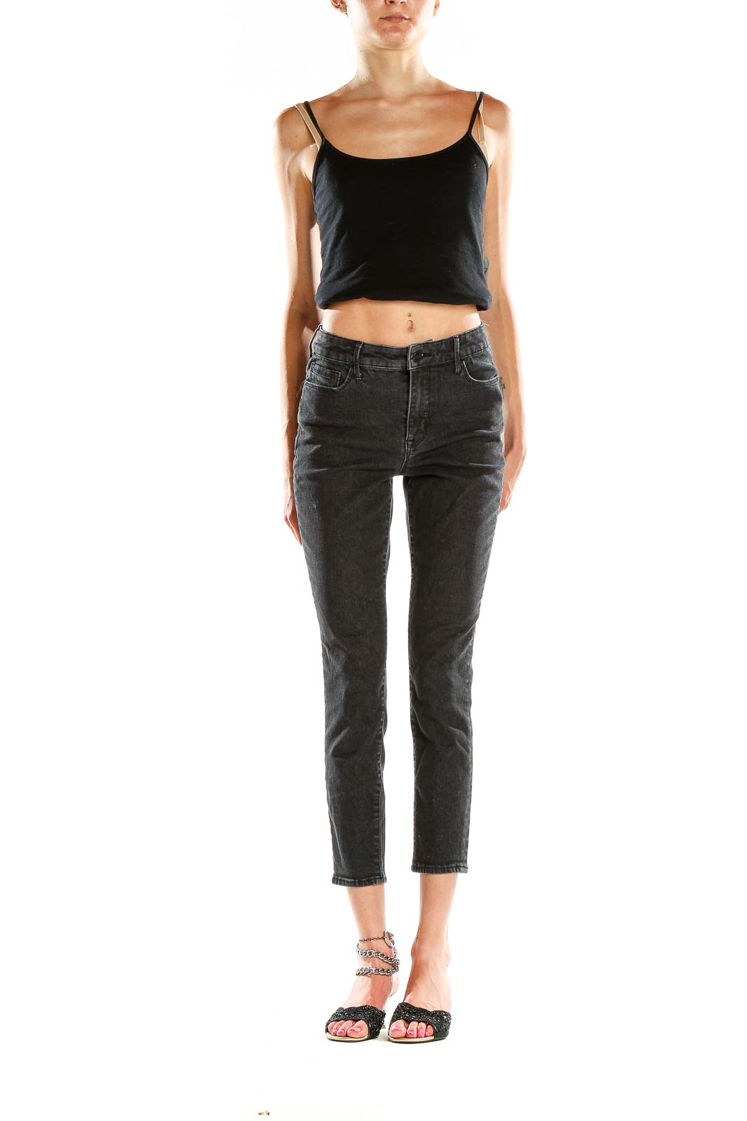 Front view of Sanctuary black cropped skinny jeans on model