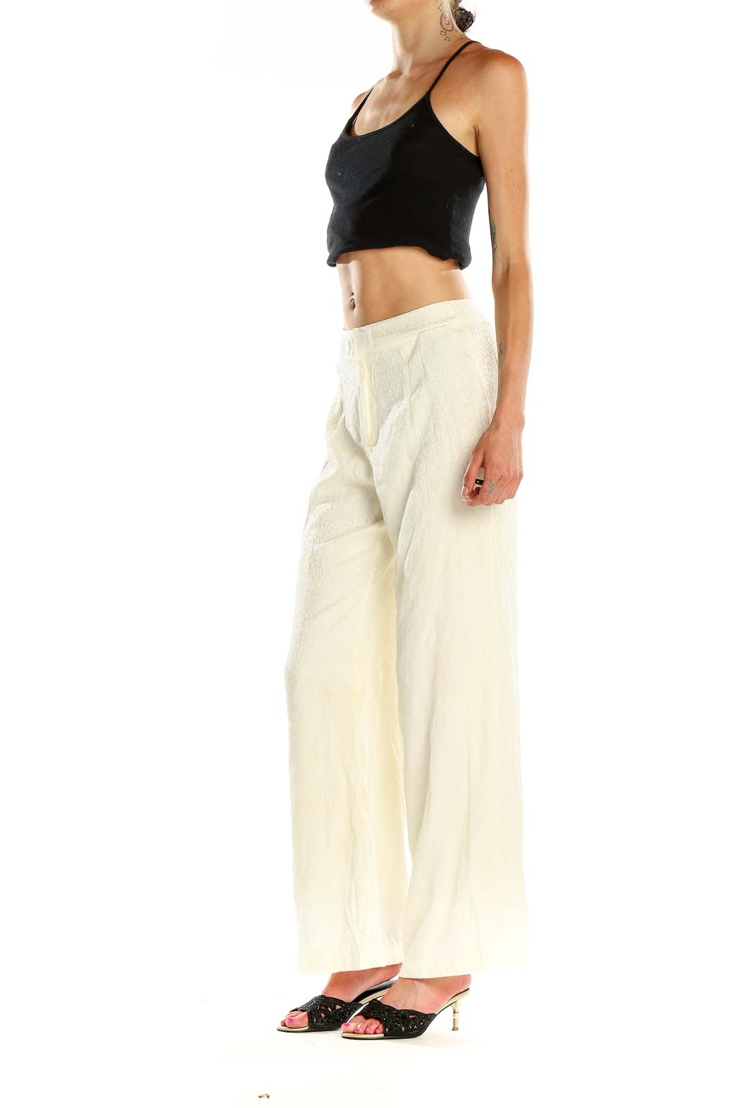 Front view of Blue Life cream wide-leg linen trousers on model