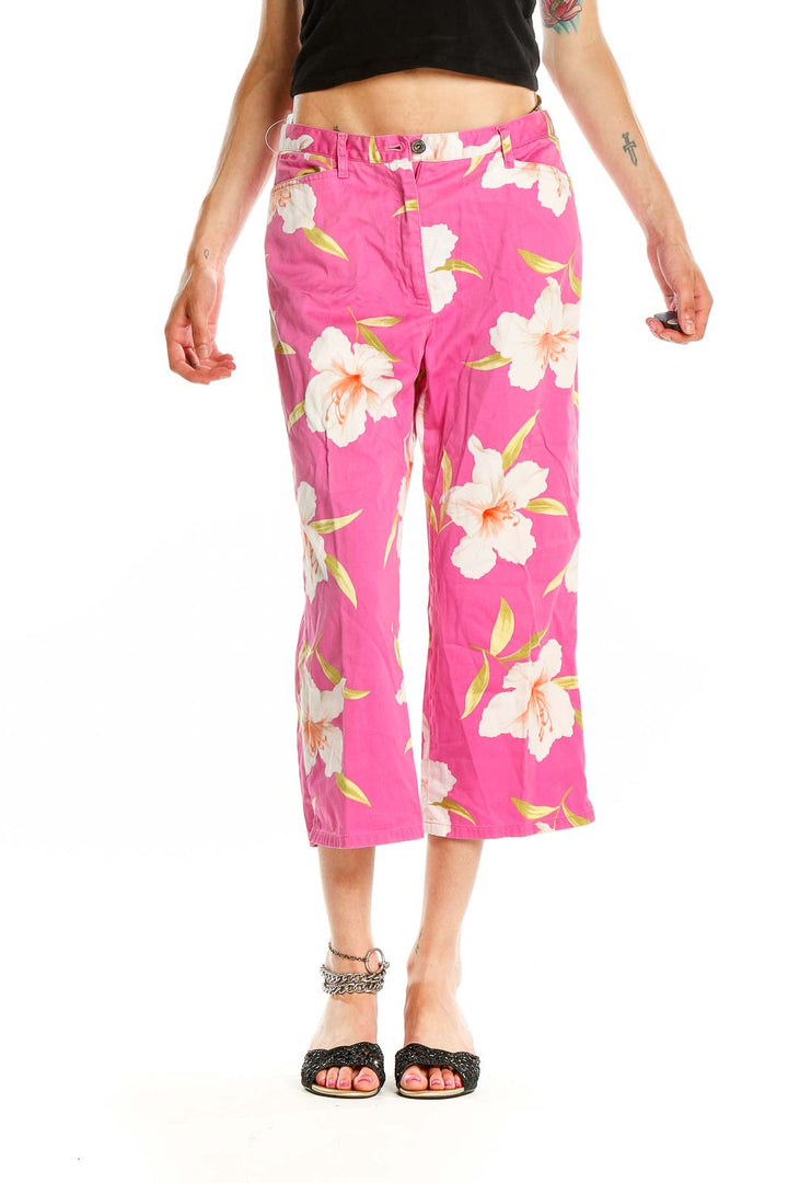 Front view of pink floral cropped wide-leg pants by Lauren Ralph Lauren