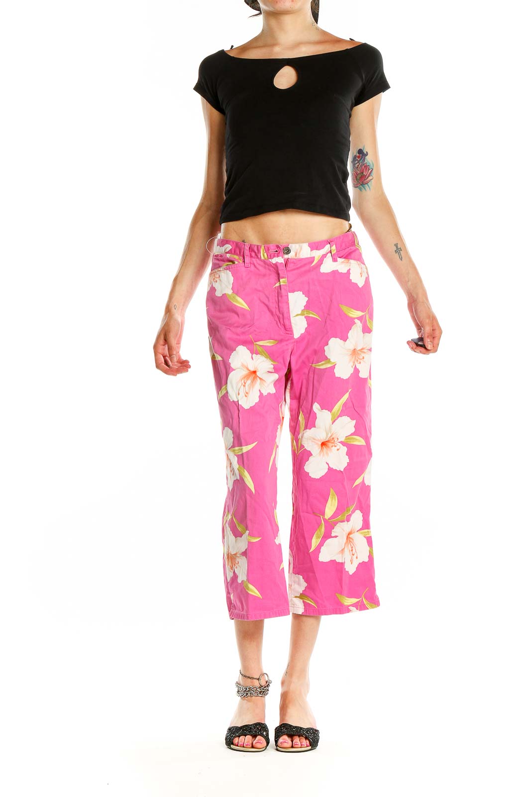 Front view of pink floral cropped wide-leg pants by Lauren Ralph Lauren
