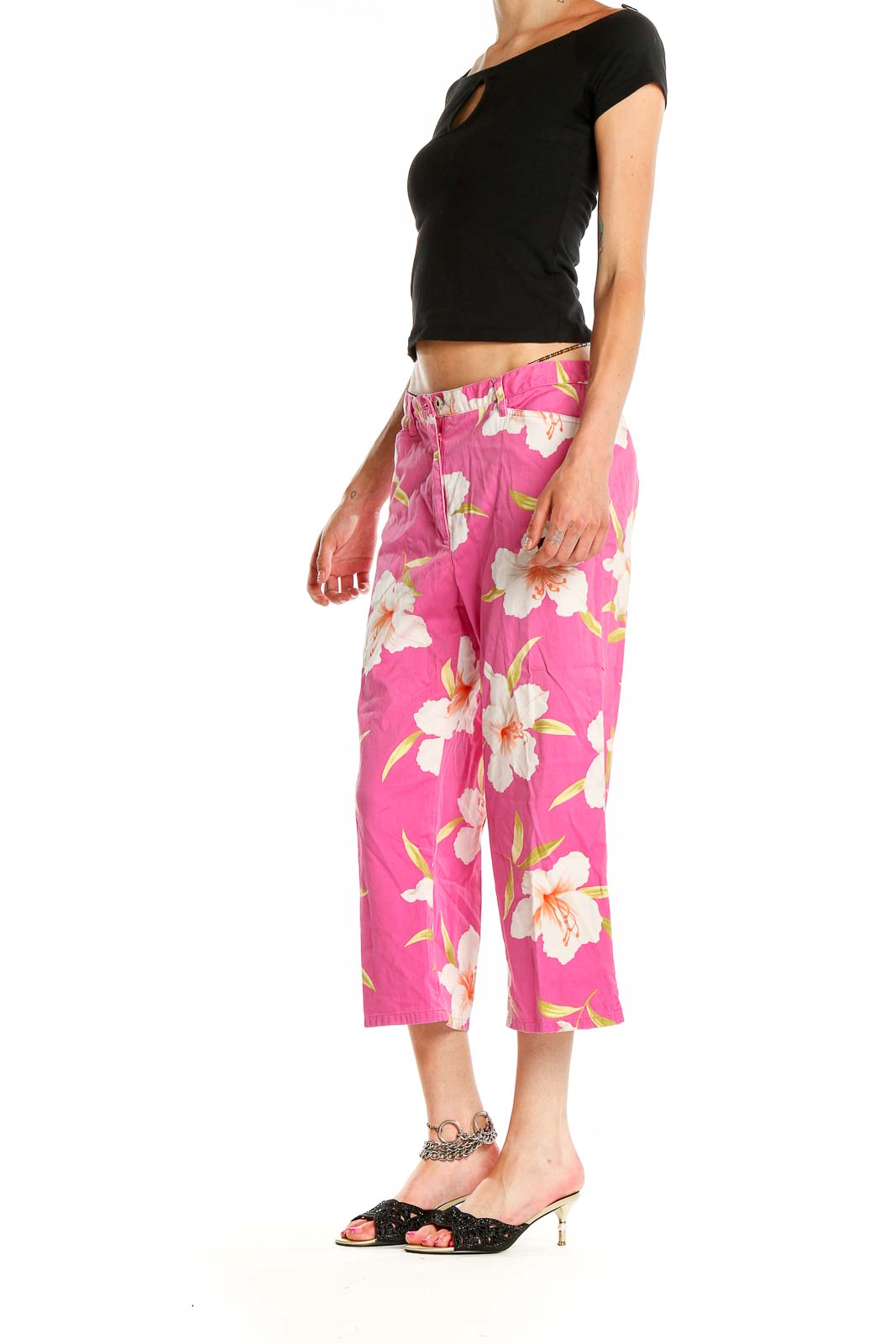 Front view of pink floral cropped wide-leg pants by Lauren Ralph Lauren