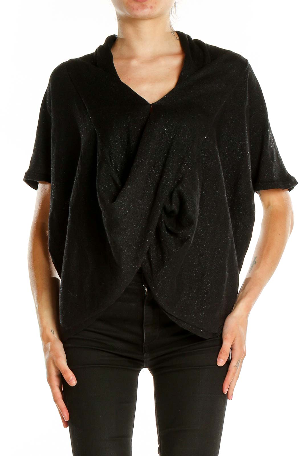 Front view of black MICHAEL Michael Kors draped V-neck short sleeve top