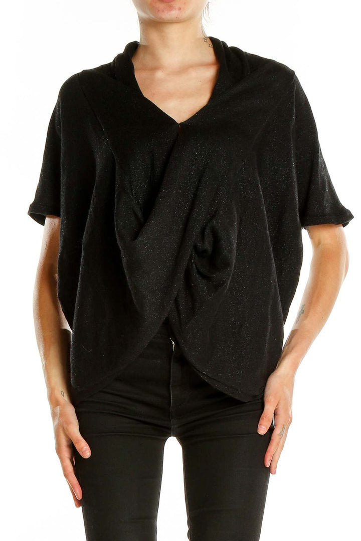 Front view of black MICHAEL Michael Kors draped V-neck short sleeve top