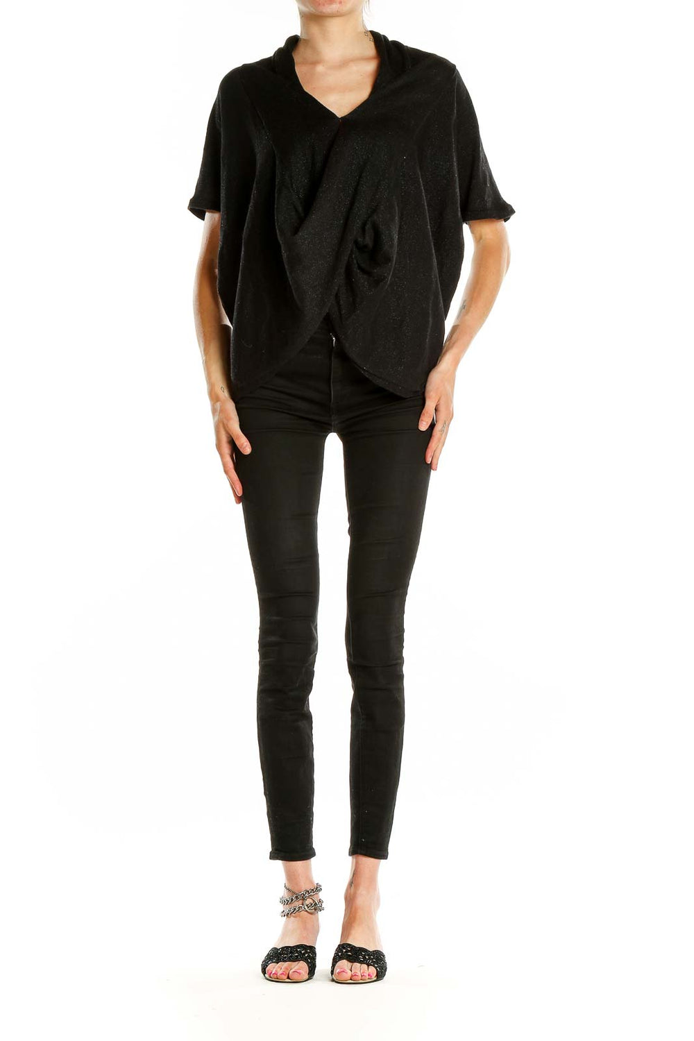 Front view of black MICHAEL Michael Kors draped V-neck short sleeve top