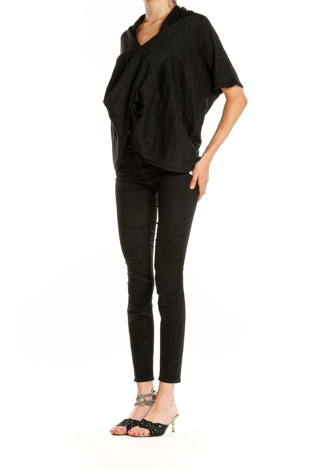 Front view of black MICHAEL Michael Kors draped V-neck short sleeve top