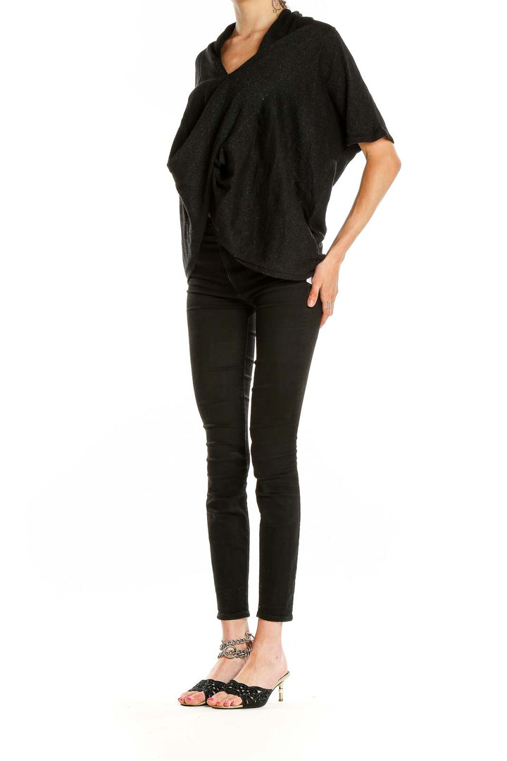 Front view of black MICHAEL Michael Kors draped V-neck short sleeve top