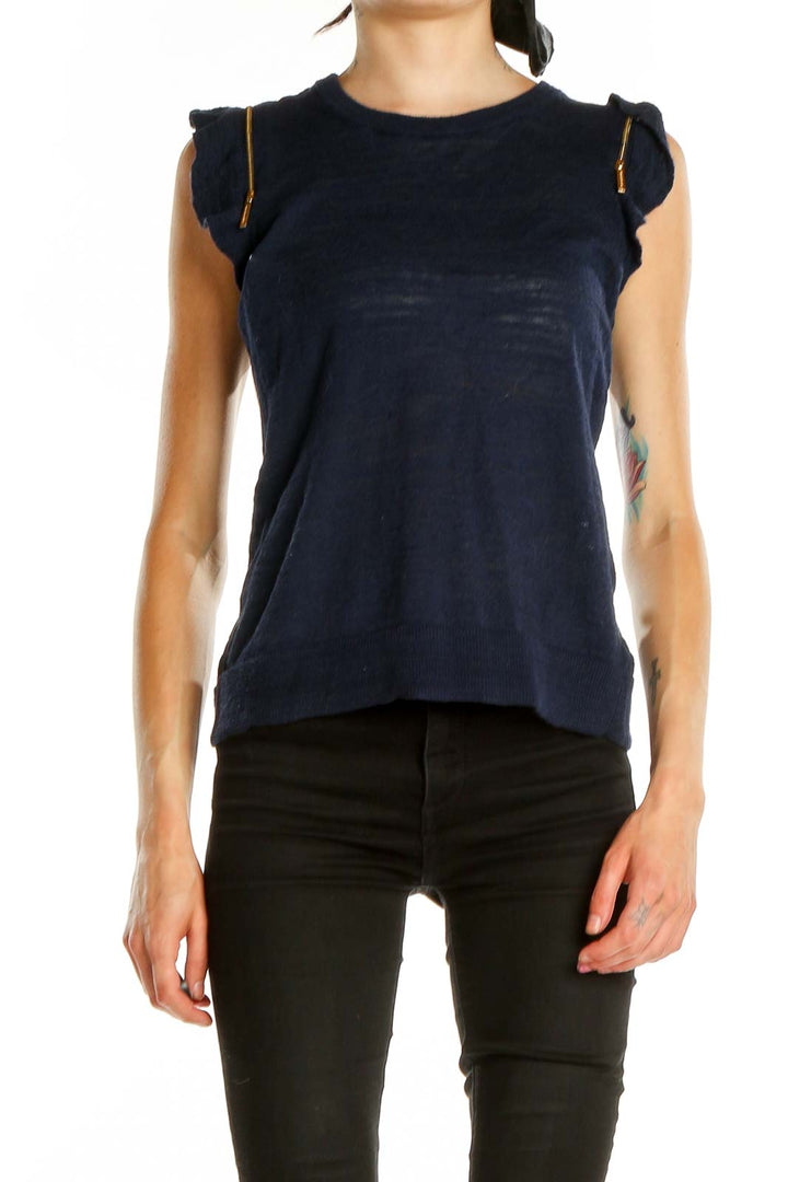 Front view of MICHAEL Michael Kors navy sleeveless knit top with ruffled shoulders