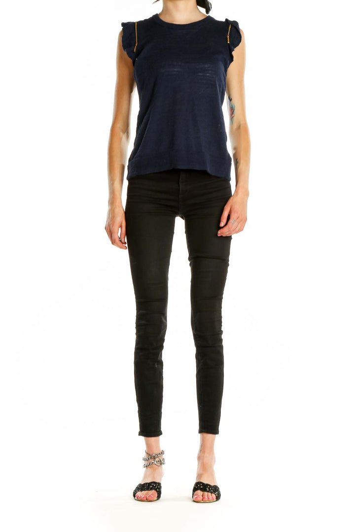 Front view of MICHAEL Michael Kors navy sleeveless knit top with ruffled shoulders