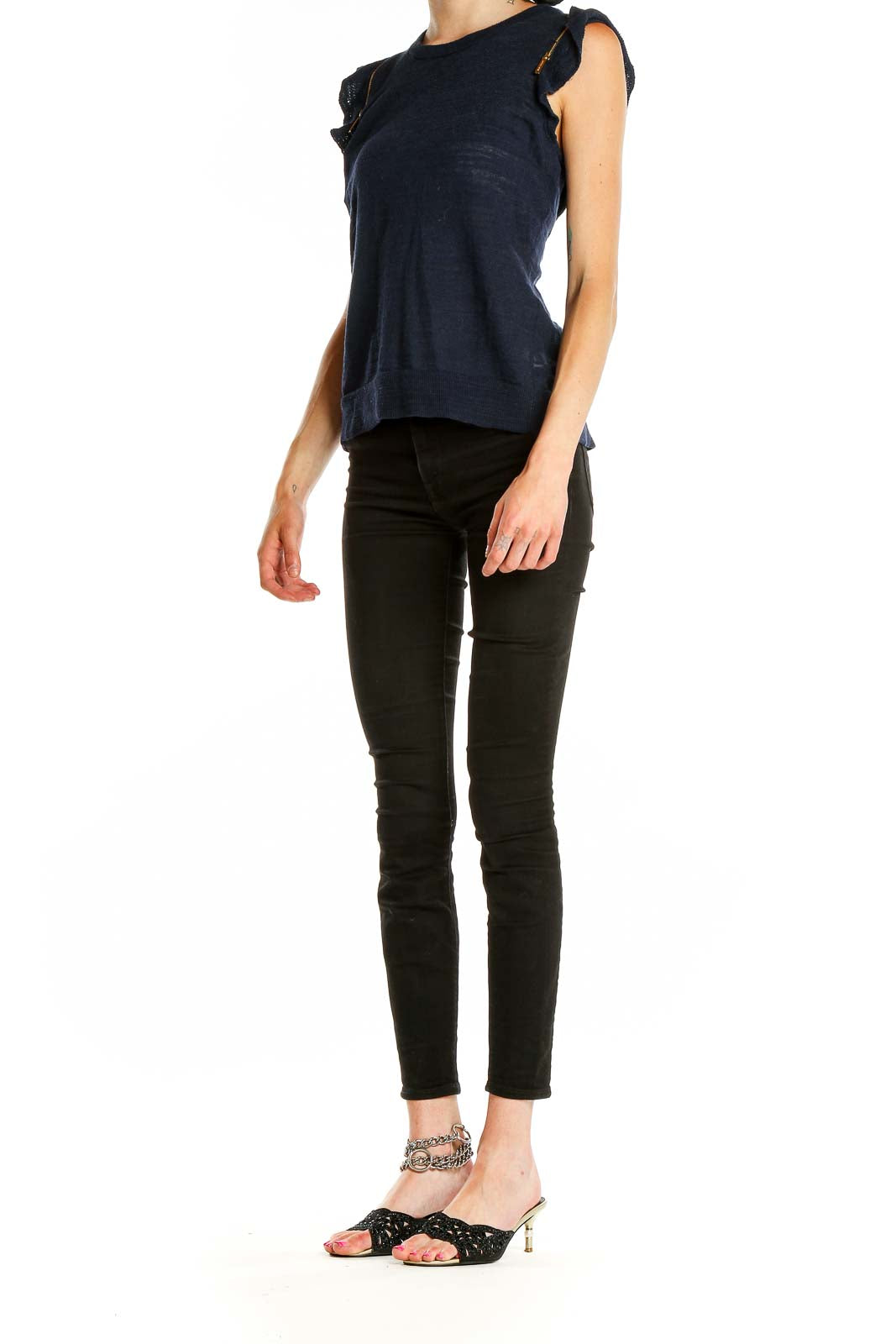 Front view of MICHAEL Michael Kors navy sleeveless knit top with ruffled shoulders