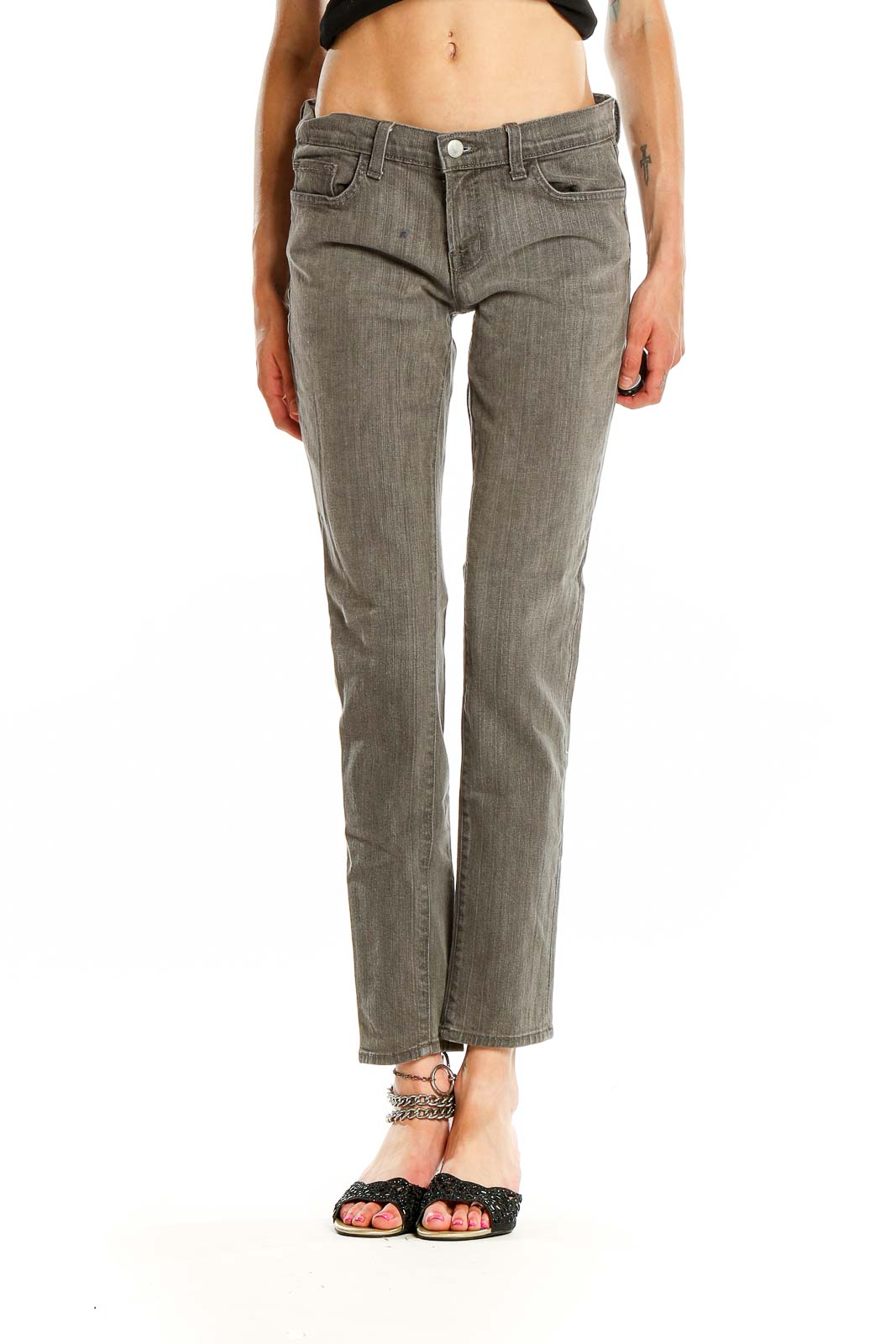 Front view of J Brand gray straight leg jeans on model