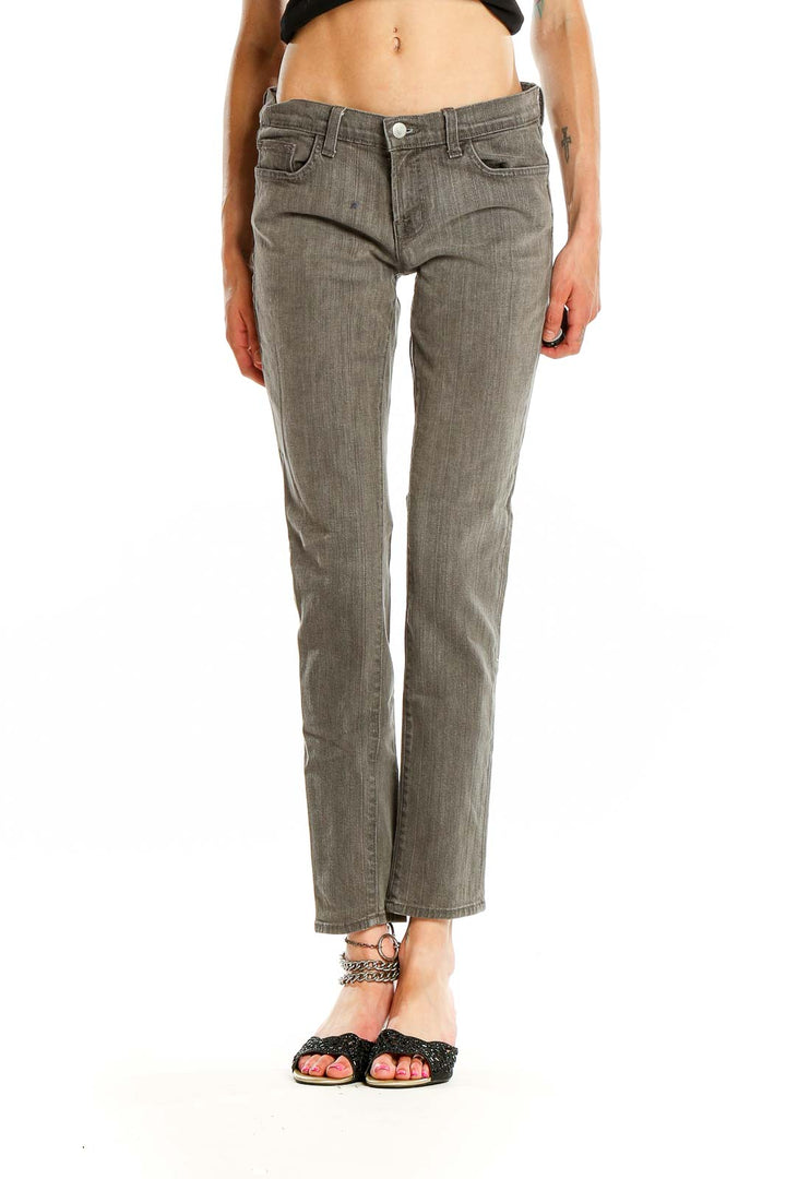 Front view of J Brand gray straight leg jeans on model