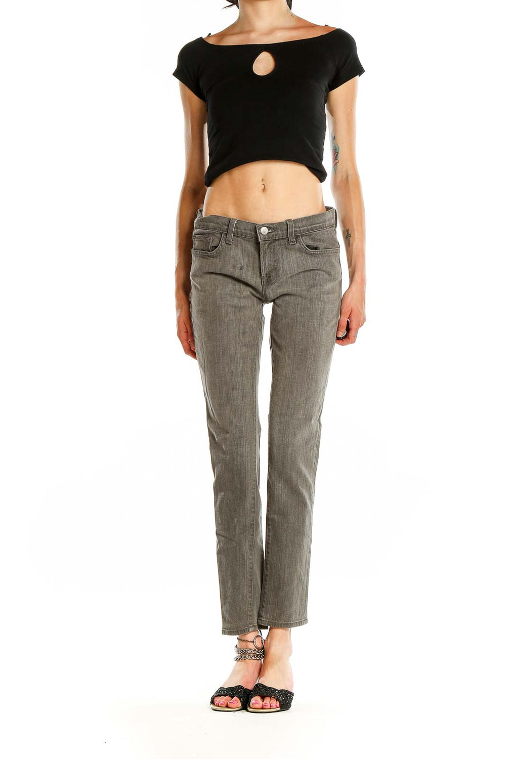 Front view of J Brand gray straight leg jeans on model