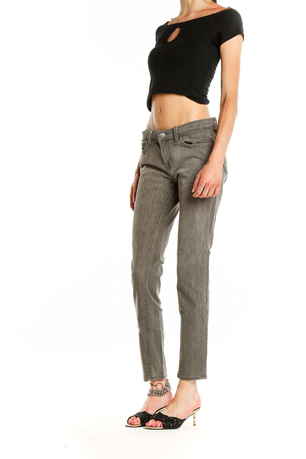 Front view of J Brand gray straight leg jeans on model