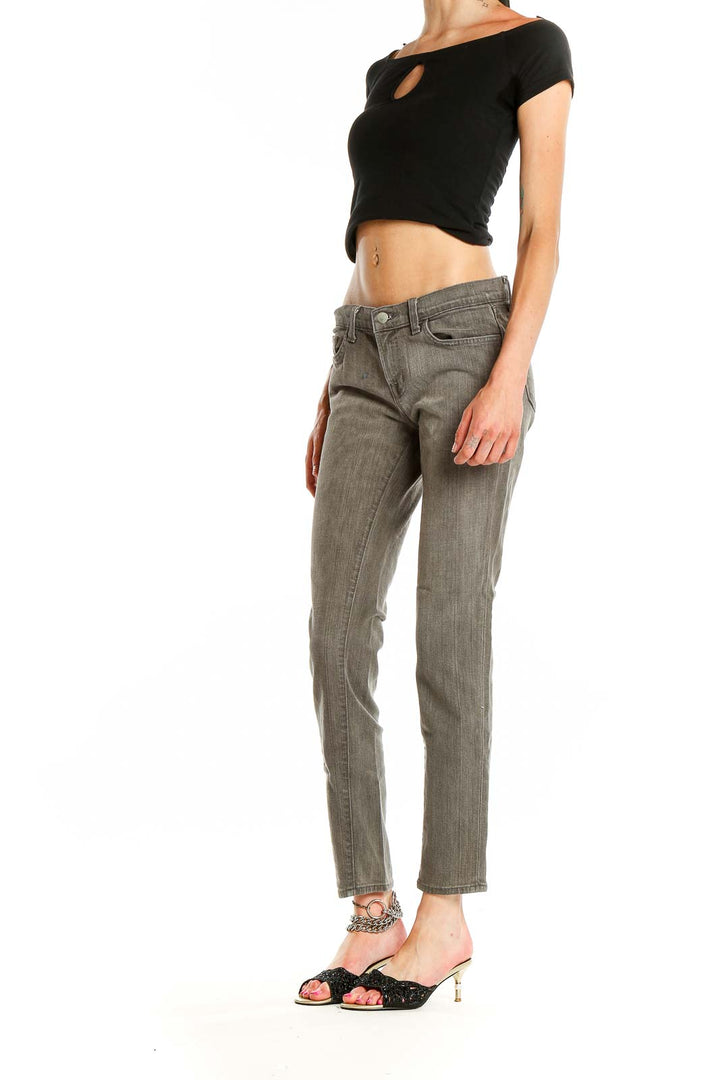 Front view of J Brand gray straight leg jeans on model