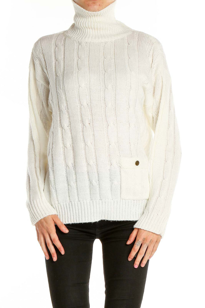 Front view of Nan Dorsey cream cable knit turtleneck sweater