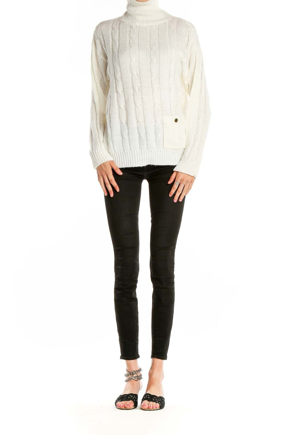 Front view of Nan Dorsey cream cable knit turtleneck sweater