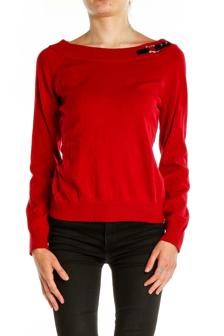 Front view of Lauren Ralph Lauren red knit sweater with black shoulder detail