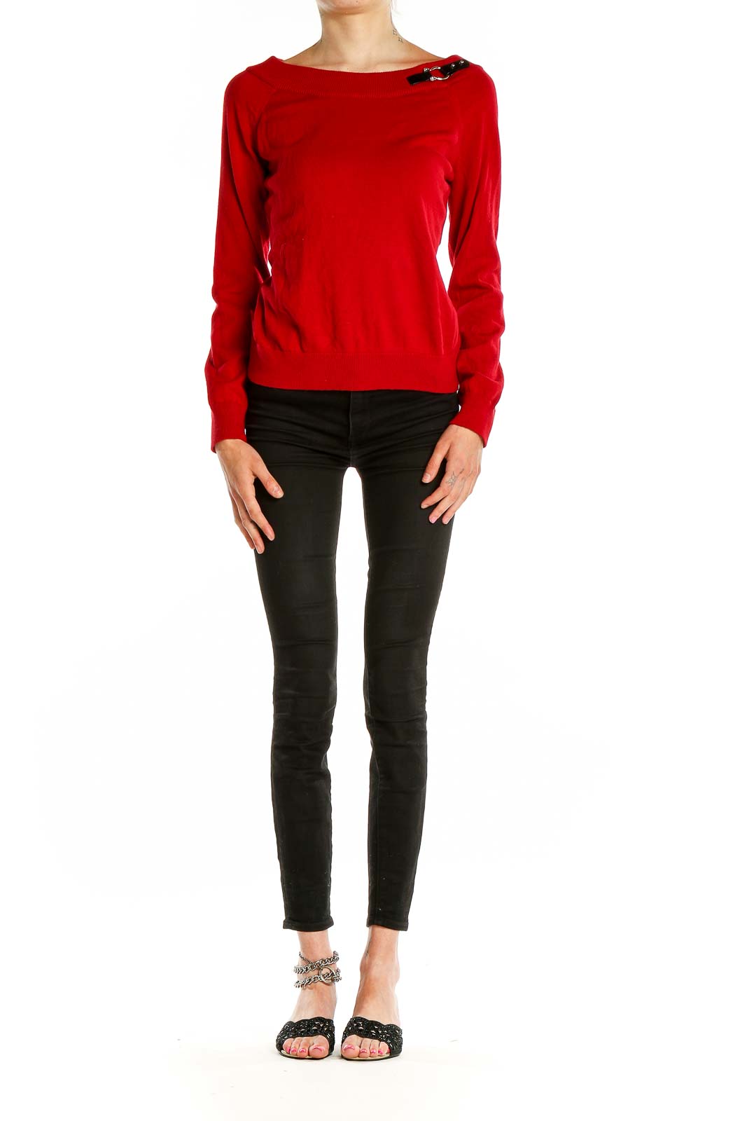 Front view of Lauren Ralph Lauren red knit sweater with black shoulder detail