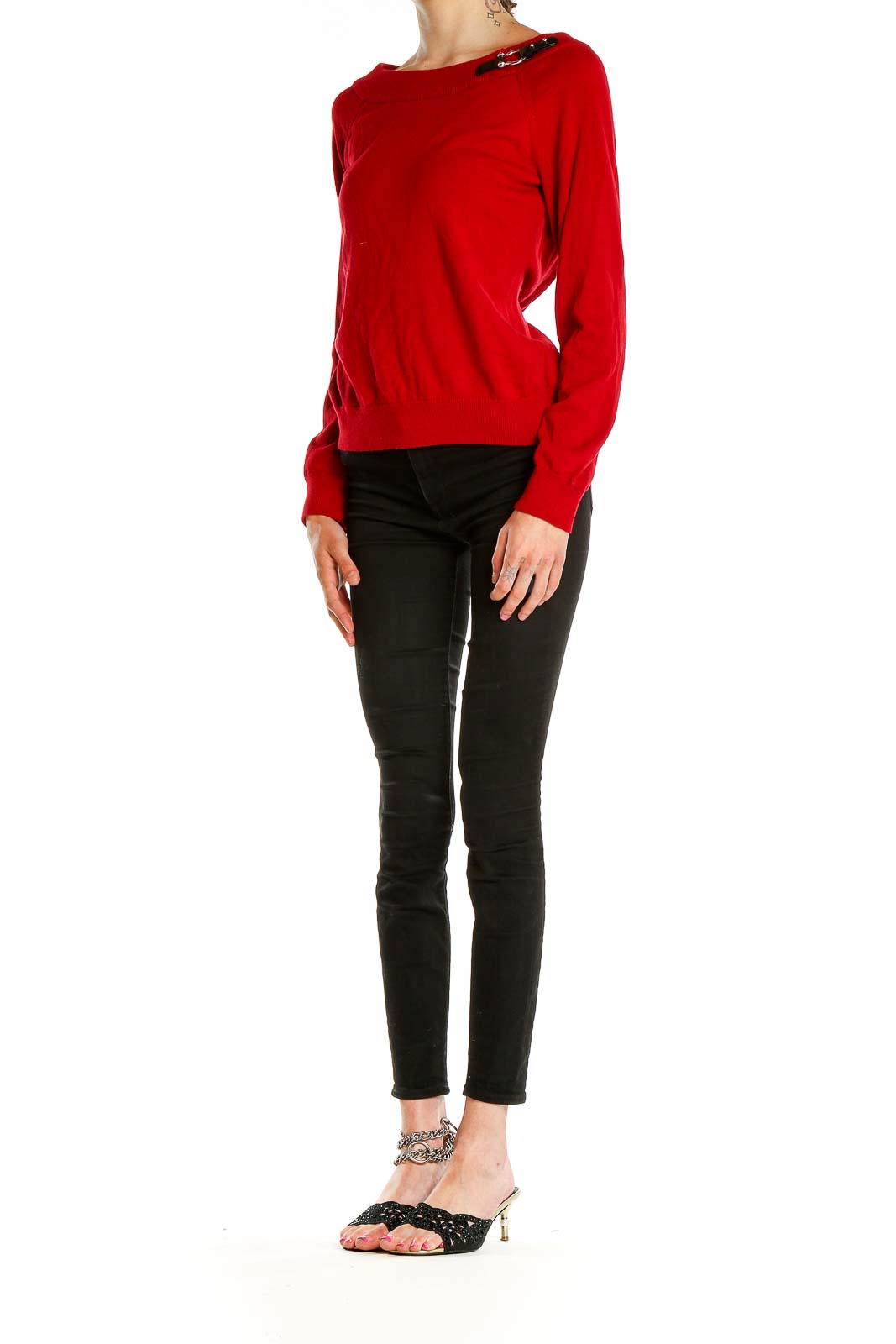 Front view of Lauren Ralph Lauren red knit sweater with black shoulder detail