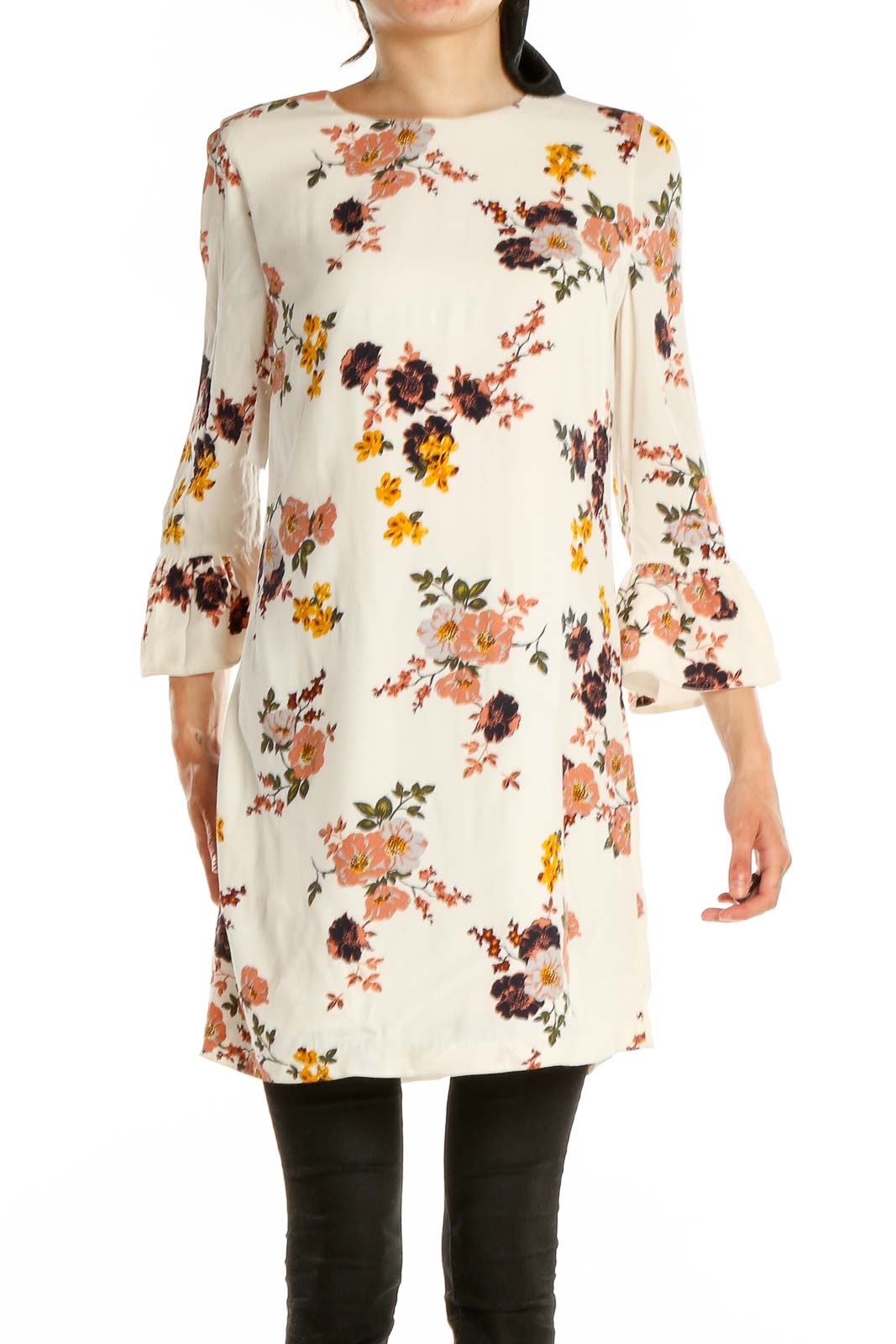 Front view of Sanctuary cream floral mini dress with bell sleeves