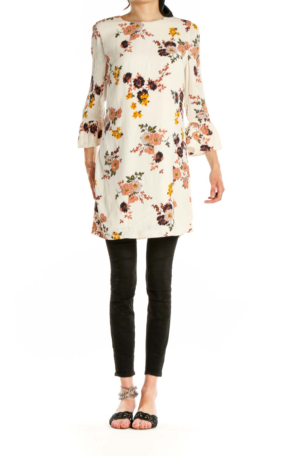 Front view of Sanctuary cream floral mini dress with bell sleeves