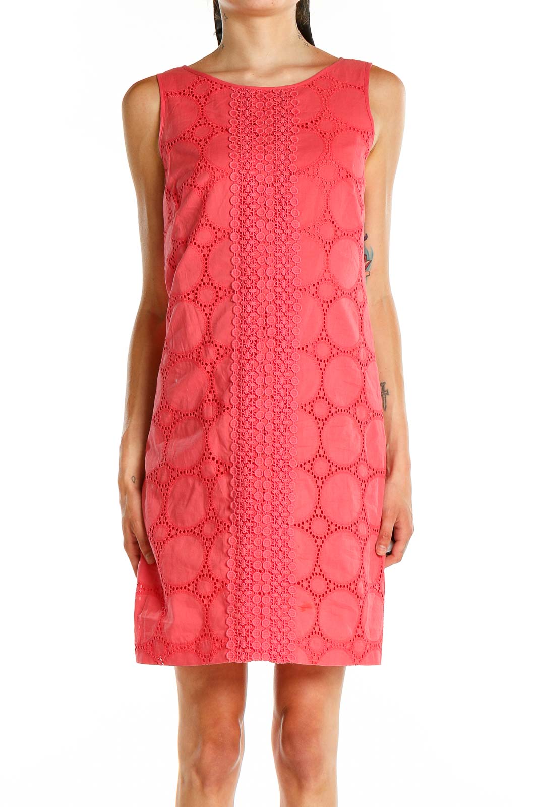 Eliza J Coral Eyelet Lace Sleeveless Shift Dress - Summer Elegance SilkRoll Eliza J Coral Eyelet Lace Sleeveless Shift Dress - Summer Elegance SilkRoll