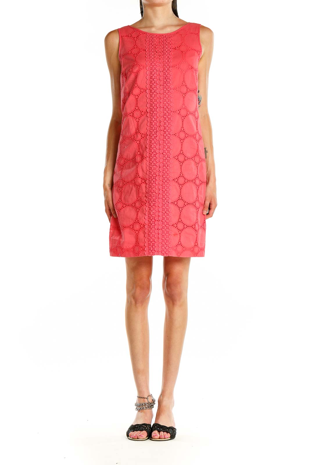Front view of Eliza J coral eyelet lace sleeveless shift dress