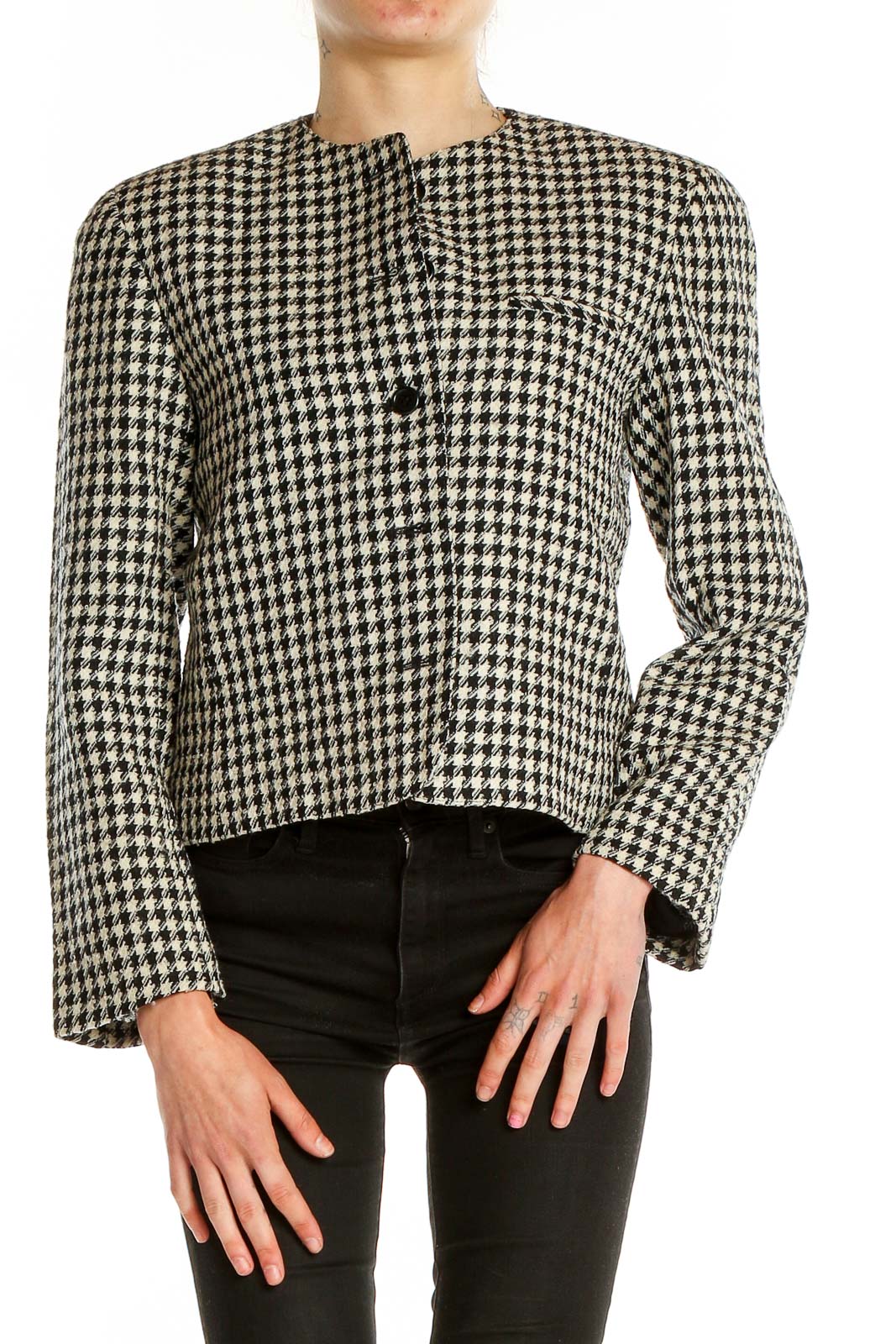 Front view of Evan Picone black and white houndstooth cropped jacket