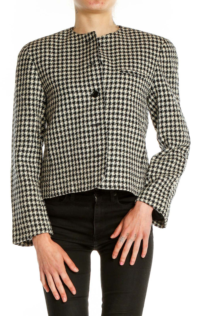 Front view of Evan Picone black and white houndstooth cropped jacket