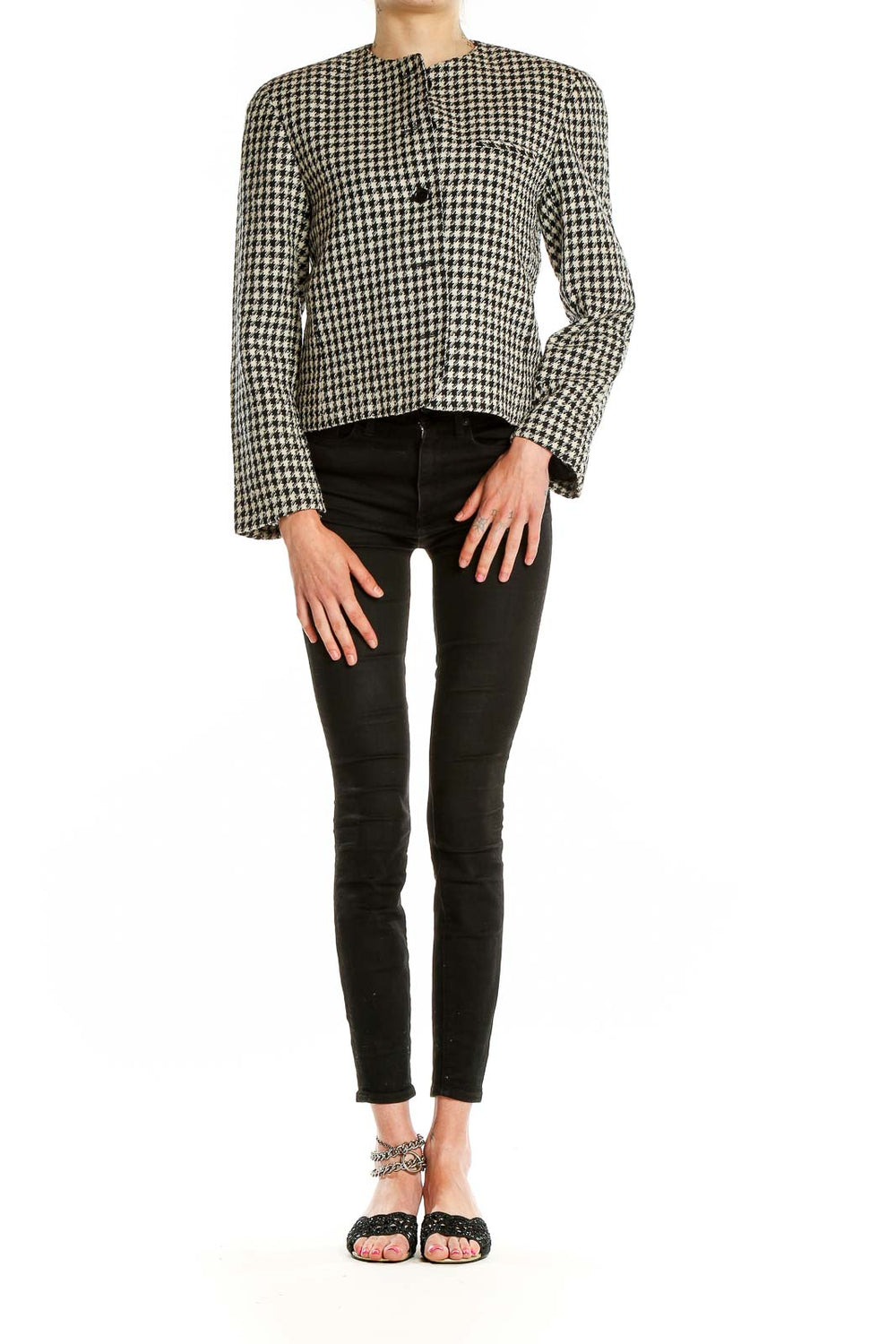Front view of Evan Picone black and white houndstooth cropped jacket
