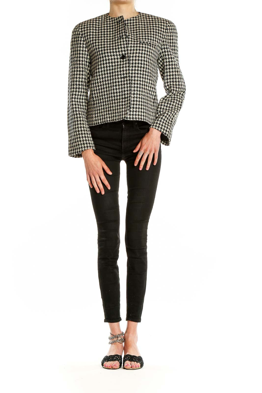 Front view of Evan Picone black and white houndstooth cropped jacket