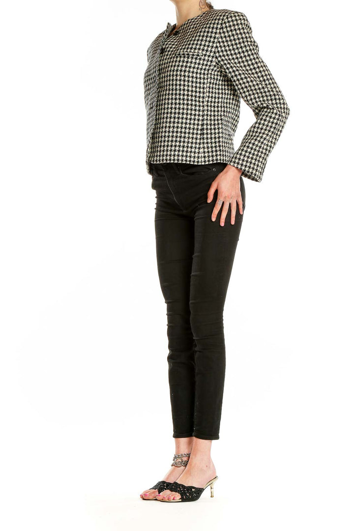 Front view of Evan Picone black and white houndstooth cropped jacket