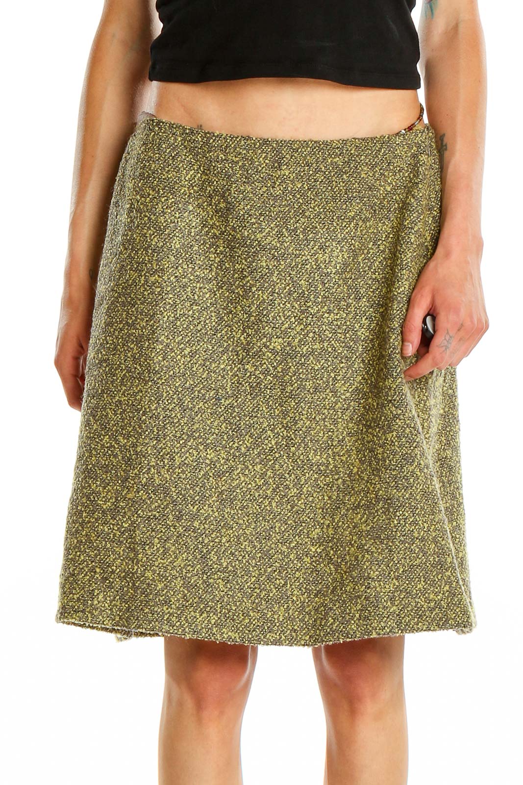 Front view of green tweed A-line skirt by Linda Allard Ellen Tracy