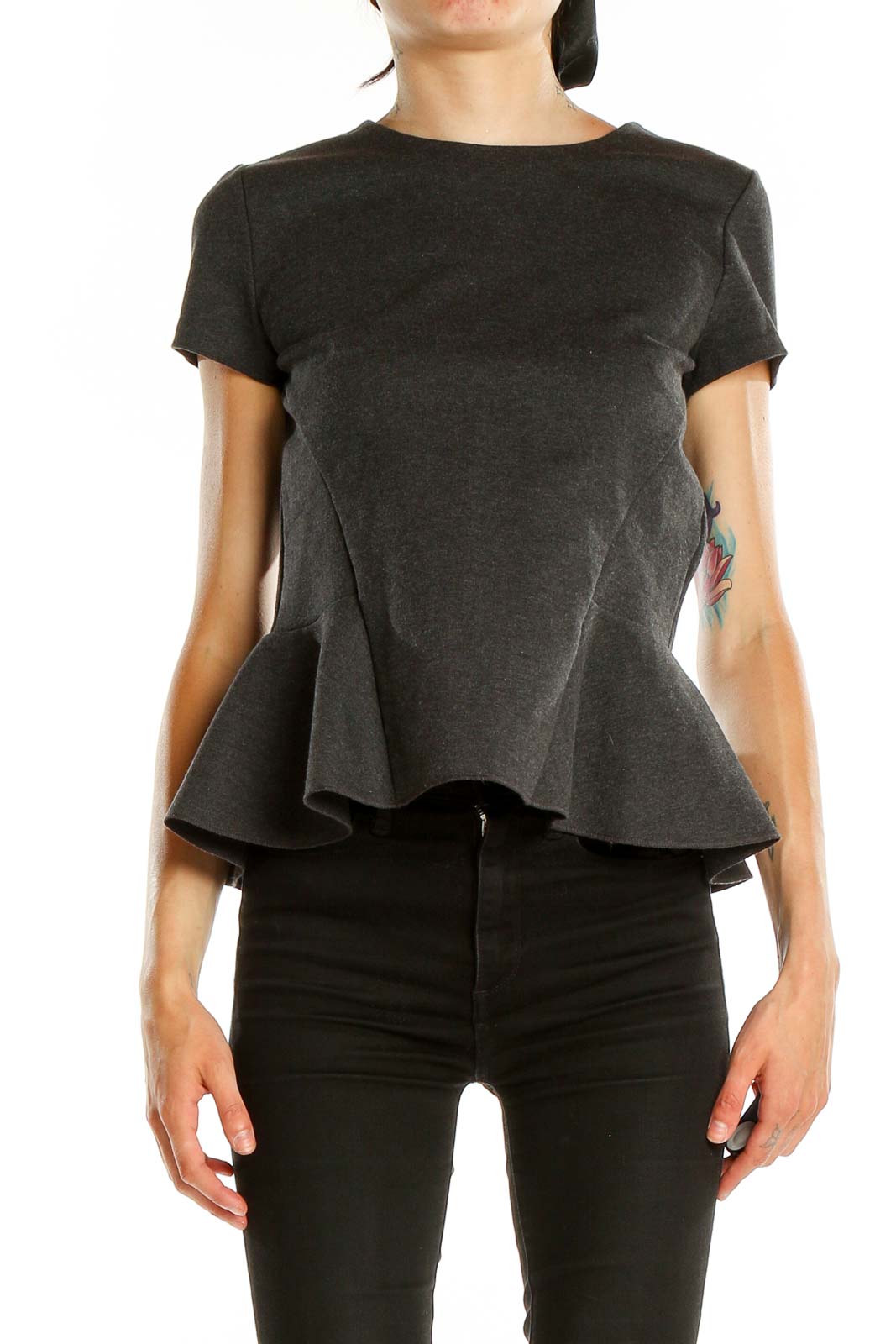 Front view of J.Crew charcoal peplum short sleeve top
