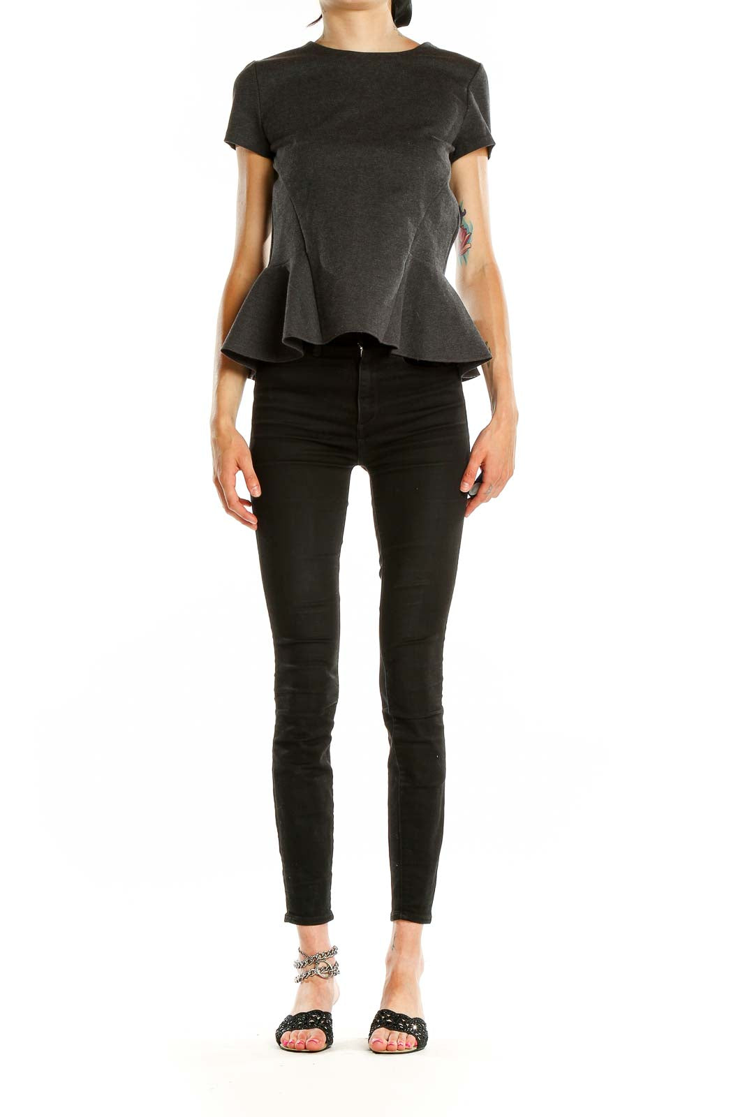 Front view of J.Crew charcoal peplum short sleeve top