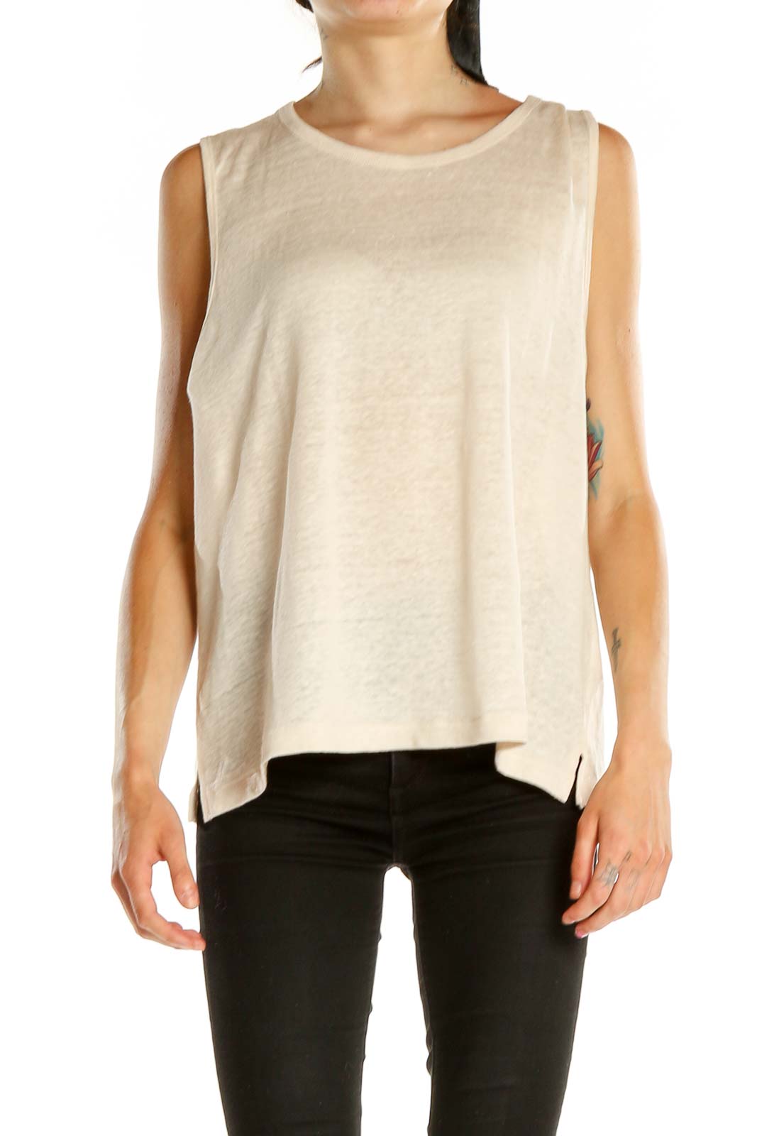 Front view of J.Crew beige sleeveless crew neck top