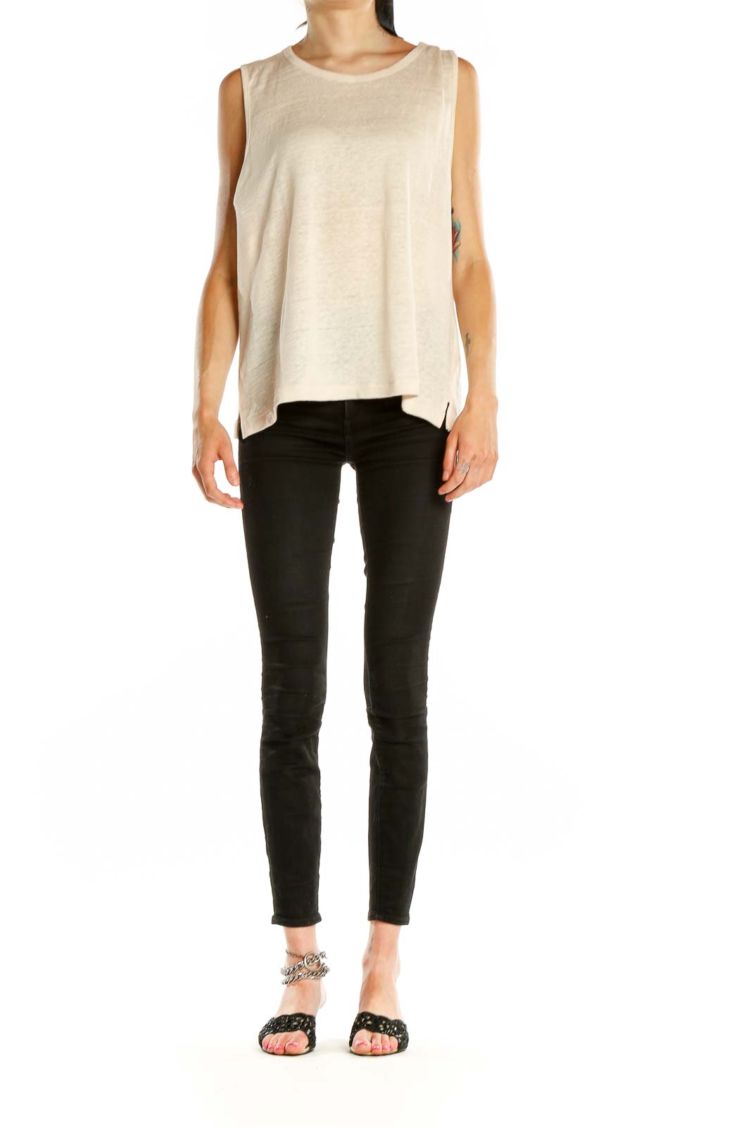 Front view of J.Crew beige sleeveless crew neck top