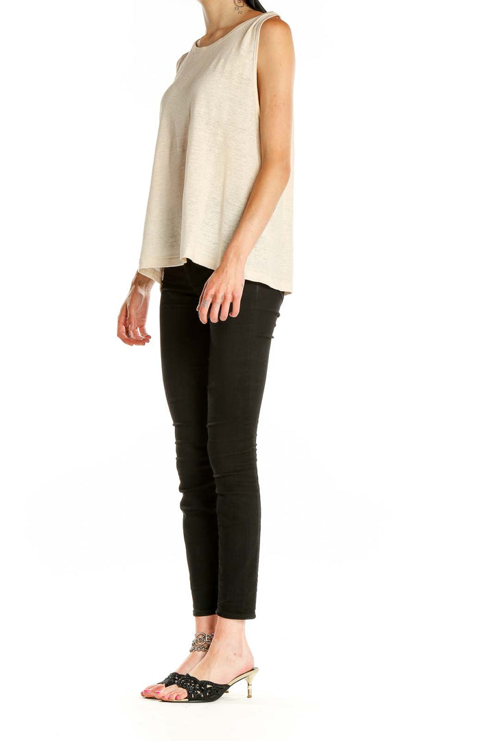 Front view of J.Crew beige sleeveless crew neck top