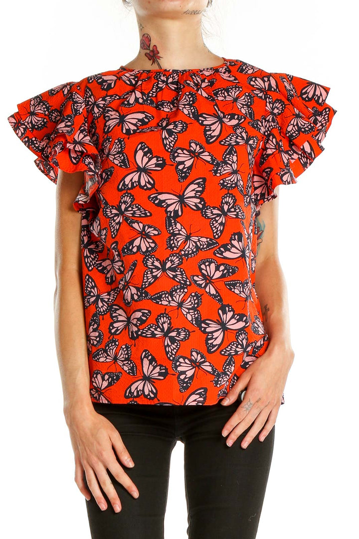 Orange Butterfly Print Chic Blouse