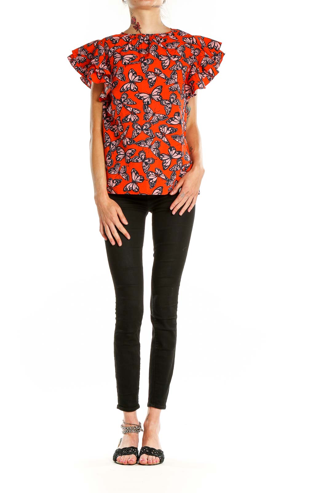 Orange Butterfly Print Chic Blouse