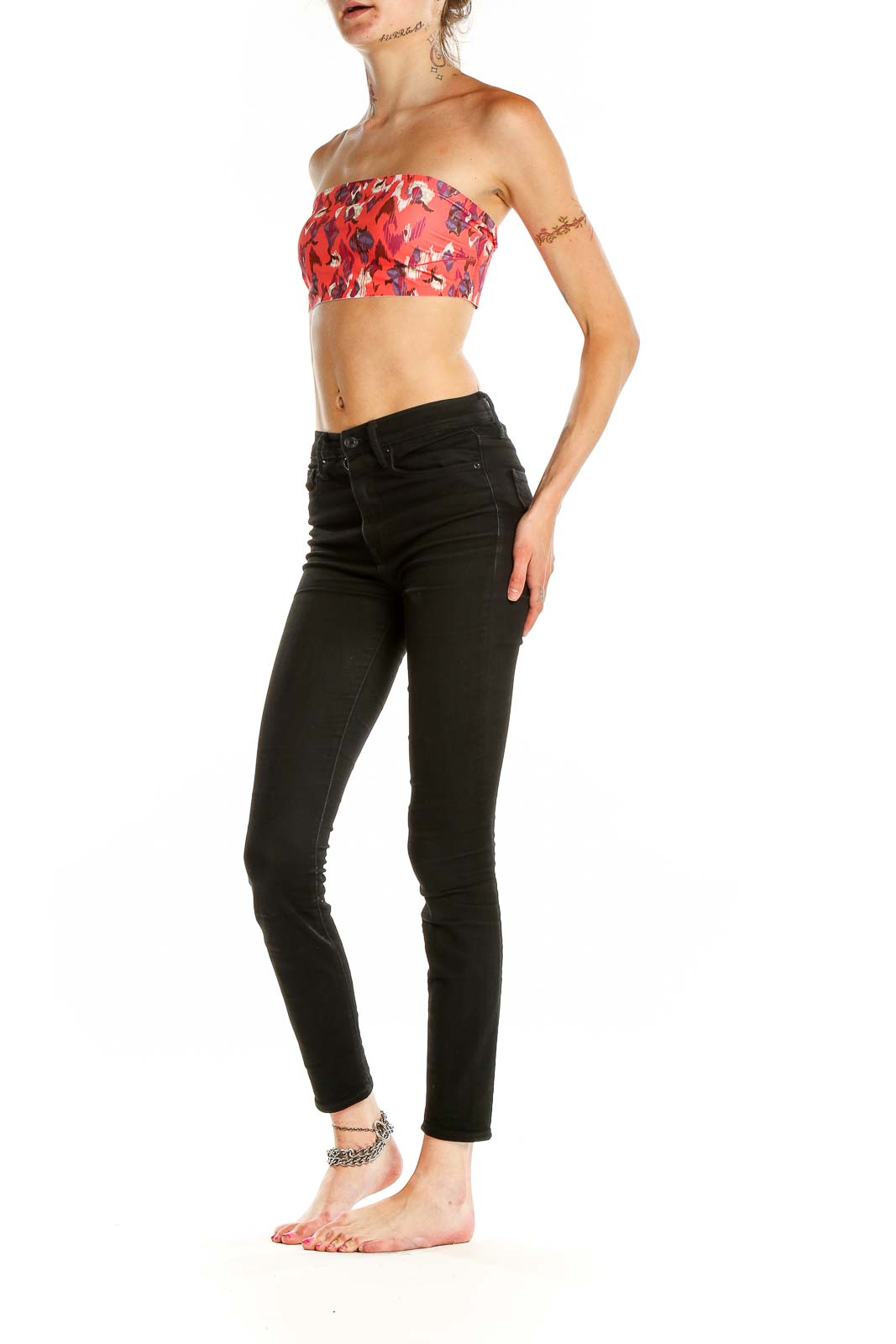 Front view of red floral strapless crop top from Free People
