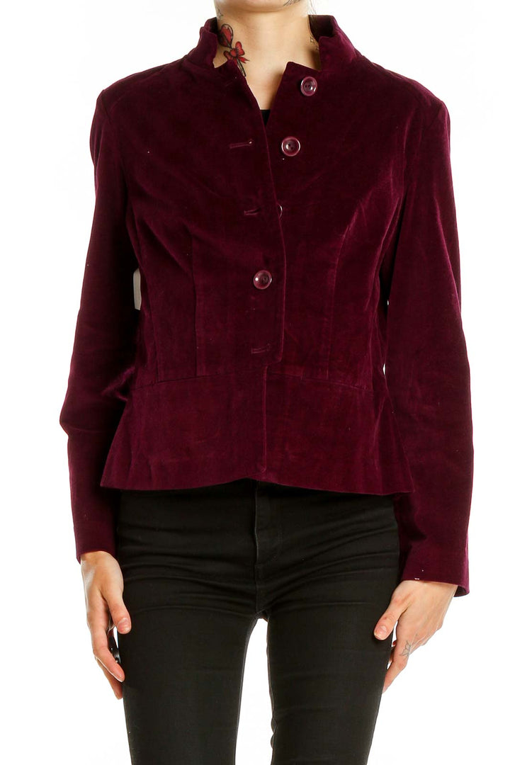 Front view of Talbots burgundy velvet peplum blazer with button closure